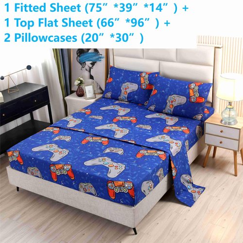 SDIII 4PCS Blue Gamer Sheets Twin, Bed in a Bag Gaming Bedding Sheet Twin, Wrinkle and Fade Resistant, Hotel Luxury, Cute Bed Sheets for Kids, Boys and Girls, Twin