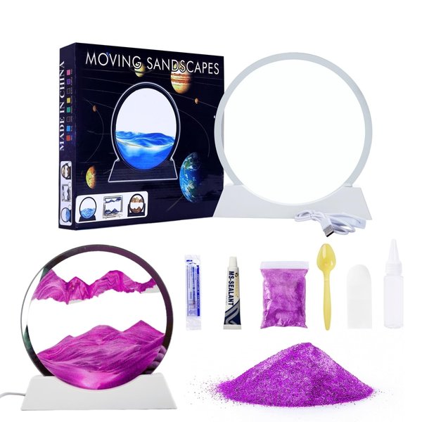 OLHKYN DIY Moving Sand Art Picture in Motion Kit,Round Glass 3D Deep Sea Landscape, Dynamic Sand Art Sandscapes, Relaxing Decor Craft Kit for Kids Adults(Purple,12inch)
