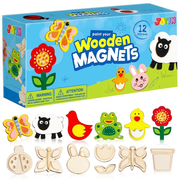 JOYIN 12 Wooden Magnet Creativity Arts & Crafts Painting Kit for Kids, Decorate Your Own Painting Gift for Easter Basket Stuffers, Birthday Parties and Family Crafts, Party Favors for Boys Girls