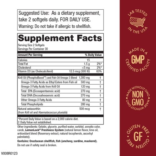 Purity Products Krill Omega 50 (Krill + Fish Oil Blend 1000mg + Astaxanthin 500mcg + Phospholipids 200mg + Vitamin D 500 IU) - 60 Mini Softgels