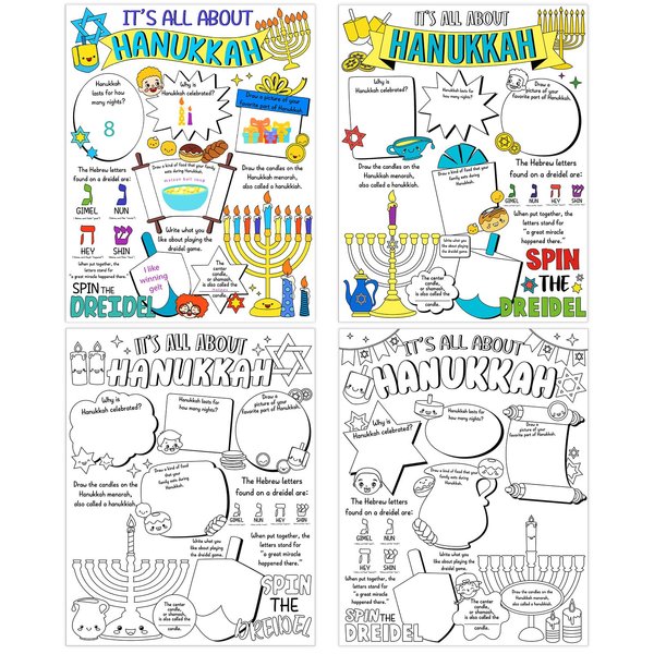 Tellingyou 32 Pcs Hanukkah Coloring Poster 16.5'' x 13'' Color Your Own All About Hanukkah Poster DIY Chanukah Coloring Crafts for Hanukkah Party Game Activities Supplies