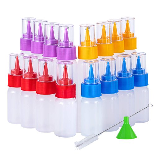 CHMACHI Squeeze Writer Bottles Set-16 Squeeze Cookie Icing Bottles, 1 Cleaning Brush and 1 Funnel, Applicator Bottles-8 Each (1 and 2 Ounce) for Food Coloring Cookie Decorating, Multicolored