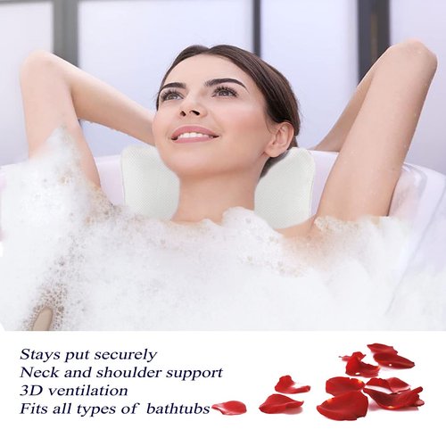 Bath Pillow for Tub, Non Slip, Breathable Soft, Comfortable Head Neck Support, Machine Washable, 2 Suction Cups(Off White)