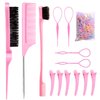 14Pcs Hair Styling Set with French Braid Tool, Rat Tail Comb, Teasing and Dual Edge Brushes, 6 Duckbill Clips, and Colored Rubber Bands for Women (Pink)