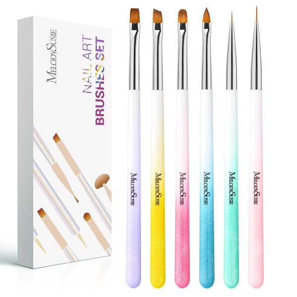MelodySusie Nail Art Brushes Set,6pcs Professional Pen Nail Gel Brush,Nail Extension and Builder Brush,Liner Brush 2 Sizes,Gradient Fashion Design for Home DIY Salon Use