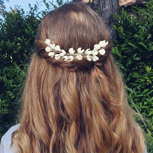PRETTYLIFE Bridal White Hair Piece Elegant Ceramic Flower Silver Vine Hair Comb Accessories for Wedding Party