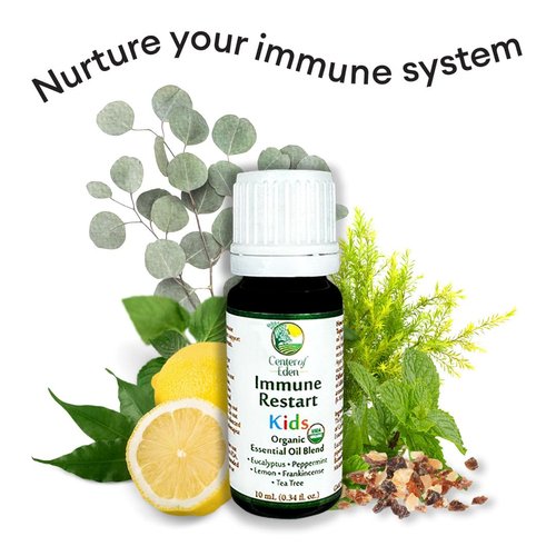 Center of Eden Immune Restart Kids, Organic Essential Oil Blend for Immune Support,100% Pure Therapeutic Grade, Non-GMO Eucalyptus, Peppermint, Tea Tree, Lemon, Frankincense