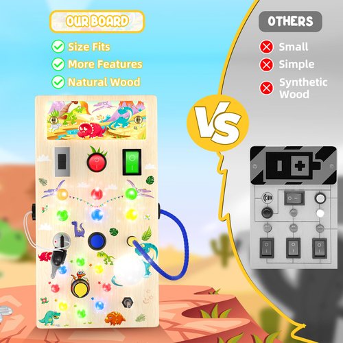 ANEVIT Dinosaur Montessori Toddler Busy Board, Toddler Toys with Music and LED Light Switches, Wooden Sensory Toys Light Switch Toys Travel Toys, Toys for 1 2 3 Years Old Baby and Toddler