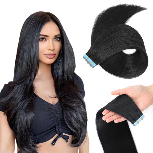 Evala Tape in Hair Extensions Human Hair Black Remy Hair Extensions #1B Natural Black Hair Extensions 20pcs 50g Straight Tape in Human Natural Hair 20 Inch