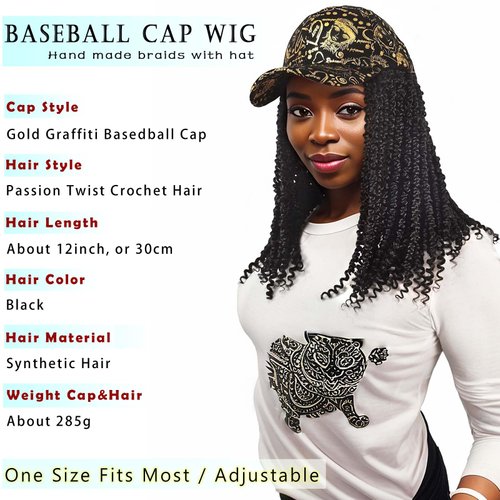 ELVAELFI 12inch Passion Twist Hair Extensions, Gold Graffiti Baseball Cap Wig, Breathable Synthetic Hair for Women
