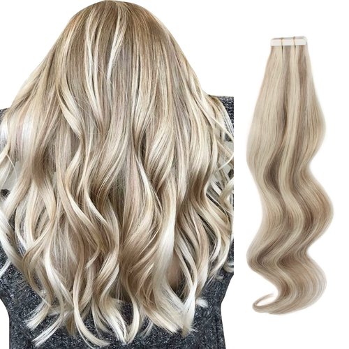 Sassina 22 Inch Tape in Hair Extensions50 Grams Invisible Seamless Skin Tape in Hair Extensions Light Chestnut Brown with Platinum Blonde Silk Straight Tape in Extensions, 20 Pcs #P8-60
