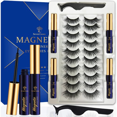 7C SevenCrown Magnetic Eyelashes with Eyeliner Kit,Cat-Eye Magnetic Lashes,False Eyelashes with Applicator,Reusable Magnet Lash Set,Natural Look,Easy,Cruelty-Free.