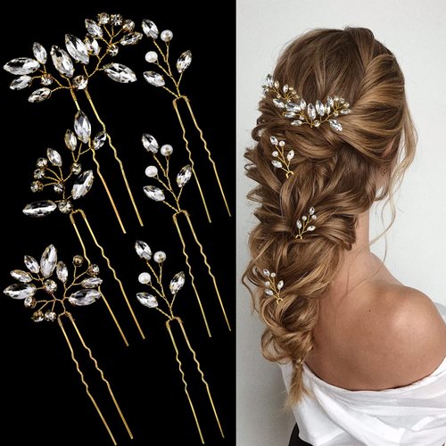 6 Pieces Bride Hair Pins Rhinestones Gold Hair Accessories for Women Crystal Wedding Hair Piece for Bride Women Girls Bridesmaids (Gold)
