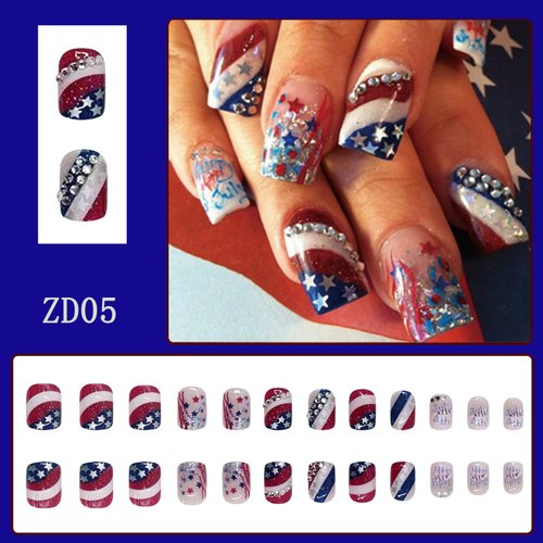 Independence Day Press on Nails Short Square 24Pcs Glossy Full Cover Acrylic Rhinestone False Nails with Patriotic Designs Glue on Fingernails USA Flag Artificial July 4th Fake Nails for Women Girls