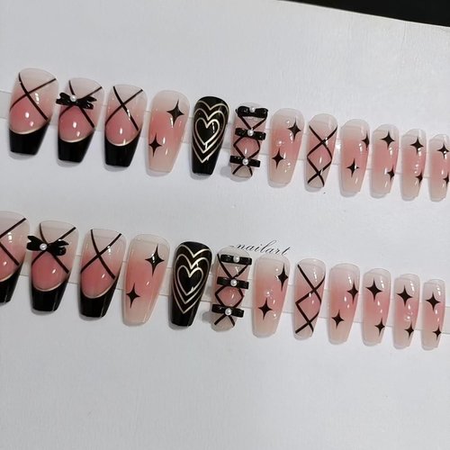 Vezocim Black Press on Nails Square Medium 24Pcs Glossy Full Cover Coffin French Tips Fake Nails with Heart Bow Pearl Designs Artificial Acrylic False Nails Fingernails Glue on Nails for Women