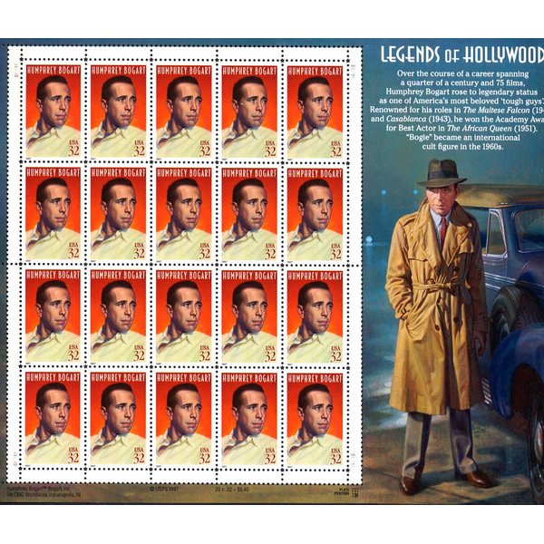 Humphrey Bogart, Legends of Hollywood, Full Sheet of 20 x 32-Cent Postage Stamps, USA 1997, Scott 3152