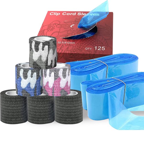Gakonp Grip Tape with Clip Cord Sleeves - 125PCS Clip Cord Covers Plastic Blue Protection Bags 6PCS 2'' x5 '' Yards Self Grip Roll Elastic Bandage Handle Grip Tube