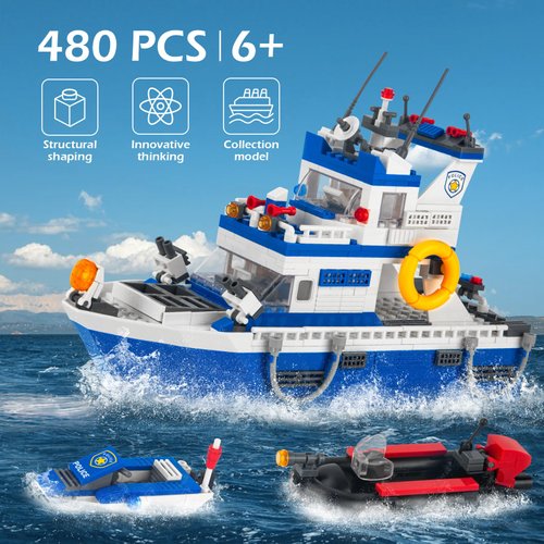 Vziimo City Police Boat Building Blocks Sets, Cool Patrol Rescue Coast Guard Ship with Race Boat Building Toys,480 Pcs STEM for Boys Girls 6-12