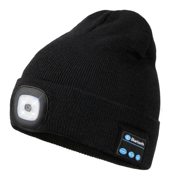 Bluetooth Beanie with Light, Unisex USB Rechargeable 4 LED Headlamp Hat with Wireless Headphones, Unique Christmas Birthday Gifts for Men Him Husband Teen (Black)