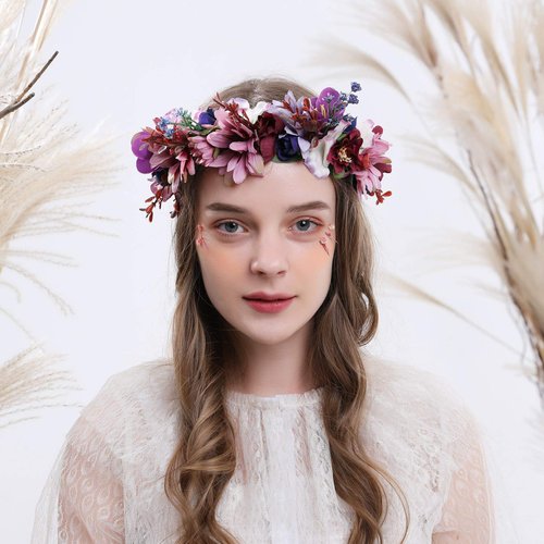 LLinfflr Women Floral Crown Boho Flower Headband Hair Wreath Floral Halo Headpiece with Ribbon Wedding Party Photos Purple