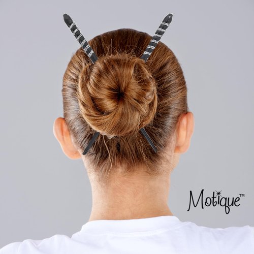 Two Plastic Hair Sticks with Silver Swirl for Women- Black