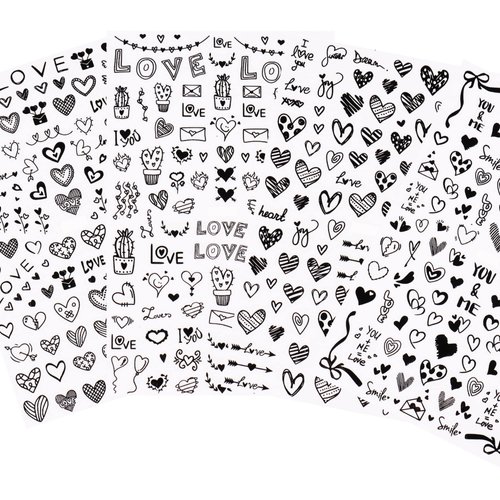 Black Red Nail Art Heart Stickers,8 Sheets Valentine's Day Holographic Heart Nail Decals for Acrylic Nails