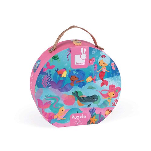 Janod 24 Piece Mermaid Floor Puzzle - Mini Suitcase Hat Box - Ages 3+ - J02683