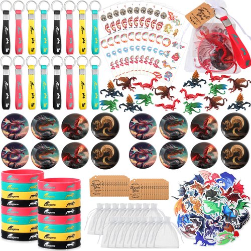 Wettarn 162 Pcs Dragon Birthday Party Favors for 16 People, Includes Dragon Tattoo Stickers Button Pins Bracelets Keychains Mini Dragon Model Organza Bags Card Tags for Dragon Birthday Party Supplies