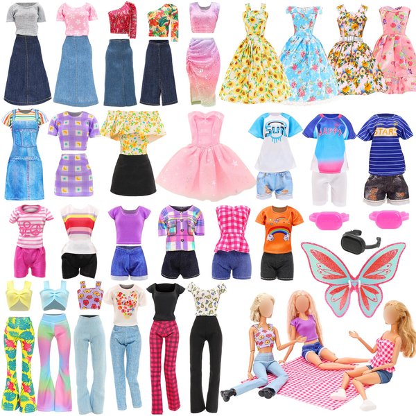 BARWA 20 Pcs Doll Clothes and Accessories for 11.5 Inch Girl Dolls Including Fashion Floral Dresses, Denim Skirts, Casual Sport Tops and Pants with 1 Sports Bag, 1 Plaid Picnic Mat，1 Princess Wings