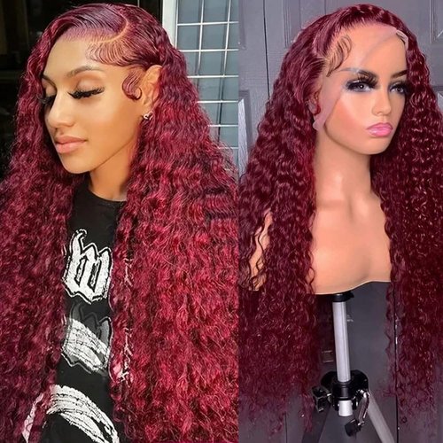 32 Inch 99J Burgundy Lace Front Wigs Human Hair Red Colored Wig Human Hair 13x4 Deep Wave Curly Lace Front Wig Pre Plucked Transparent Lace Frontal Wig