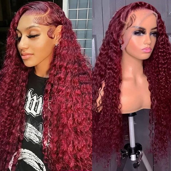 32 Inch 99J Burgundy Lace Front Wigs Human Hair Red Colored Wig Human Hair 13x4 Deep Wave Curly Lace Front Wig Pre Plucked Transparent Lace Frontal Wig