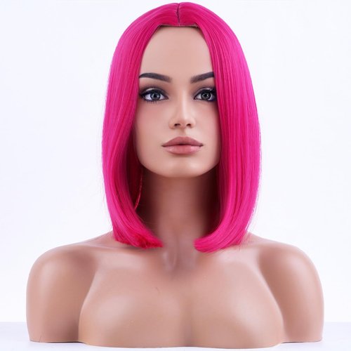 BERON Hot Pink Short Wigs Straight Bob Hair Wigs for Women Middle Part Synthetic Cosplay Wigs Daily Party Use