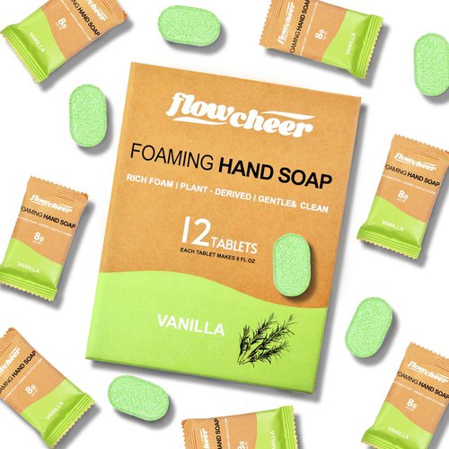 Foaming Hand Soap Tablet Refills - 12 Pack Makes 96 fl oz (12 x 8 fl oz Bottles) Vanilla Scented Hand Wash Soap Refill Tablets for Zero Waste Eco Friendly Cleaning Supplies