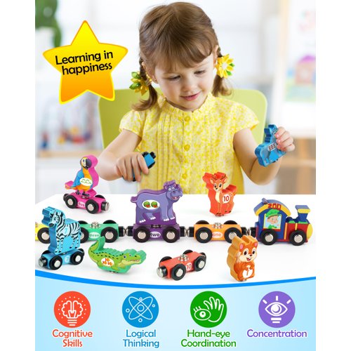 Vanmor Wooden Train Set with Animal Toys, Snap-Connection Animal Train, Matching and Magnetic Number Train Learning Toys, Fine Motor Skill Educational Toy Gift for 3 4 5 Years Old Kids