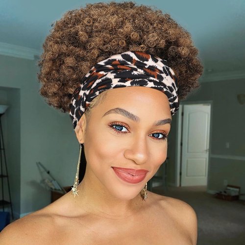 WIGER Short Afro Puff Wigs Human Hair Brown Curly Afro Wig Short Curly Headband Wig Brazilian Virgin Human Hair Wigs Afro Kinky Curly Wigs Brown for Black Women