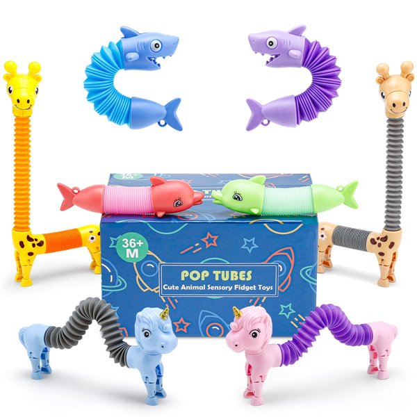 8 Pack Animal Pop Tubes, Fidget Toys for Sensory Play, Party Favors for Kids, Goodie Bag Stuffers Treasure Box Classroom Prizes Gifts, Birthday Gifts for Kids 3 4 5 6 7 8