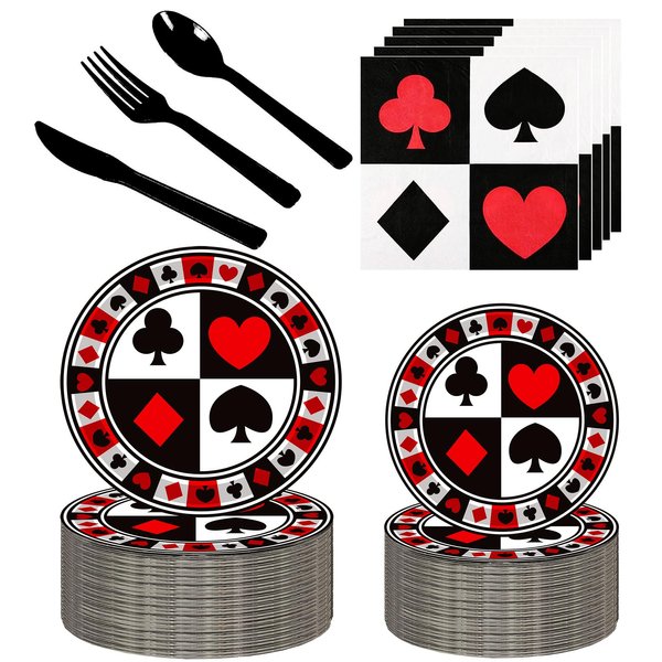 150Pcs Casino Party Supplies Poker Party Tableware Set 9"& 7"Poker Paper Plates and Napkins Knives Forks Spoons for Casino Night Poker Theme Playing Club Heart Poker Casino Birthday Party Decorations