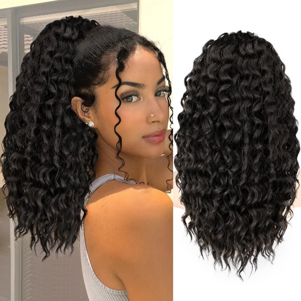 KooKaStyle Curly Ponytail Extension Fluffy Drawstring Ponytail for Women Kinky Curly Clip in Hair Extensions Long Curly Wavy Ponytail Extension Synthetic Hairpiece for Daily Use(18 Inch,Black brown)