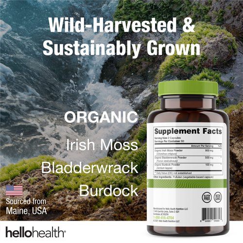 Organic Irish Sea Moss Capsules: Wildcrafted Sea Moss, Burdock Root & Bladderwrack Prebiotic Super Food for Immune Support, Thyroid Support, Natural Energy, Gut Health, Skin & Joint Health -120 Caps