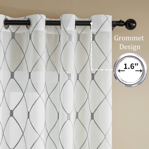 Top Finel Short Sheer Curtains 45 Inch Length for Bathroom,Privacy White and Gray Embroidered Diamond Grommet Window Treatments Curtains for Living Room Bedroom, 2 Panels Set