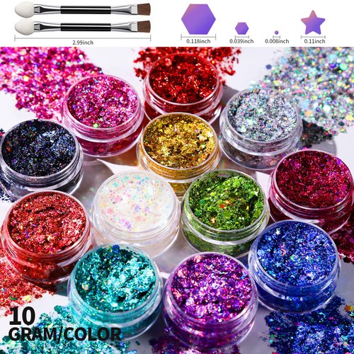 Teenitor Face Glitter Body Glitter Makeup Glitter Gel Hair Glitter, 12 Colors Body and Face Glitter Gel, Star Glitter for Face, Body, Hair, 10g/Color