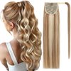 SEGO Pro Ponytail Extensions Human Hair Long Ponytail Hair Extensions with Magic Paste Wrap Around Clip in Ponytail Extensions Real Human Hair,22inch #12P613 Golden Brown mixed Bleach Blonde,95g