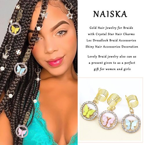 NAISKA Rhinestone Butterfly Braid Accessories Gold Star Hair Clips Braid Rings Crystal Dreadlocks Accessories Pearl Braid Cilps Beads Hair Charms Shiny Hair Accessories Braid Decoration(20PCS)