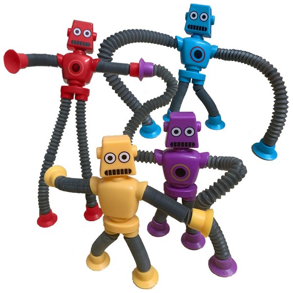 Pop Tubes Robot Toy, 4 Packs Fidget Toys Telescopic Suction Cup Robotics Autism Sensory Toys for Toddlers Boys Girls Easter Stuffers Educational Classroom Treasure Box Stretchy Robots Party Favors