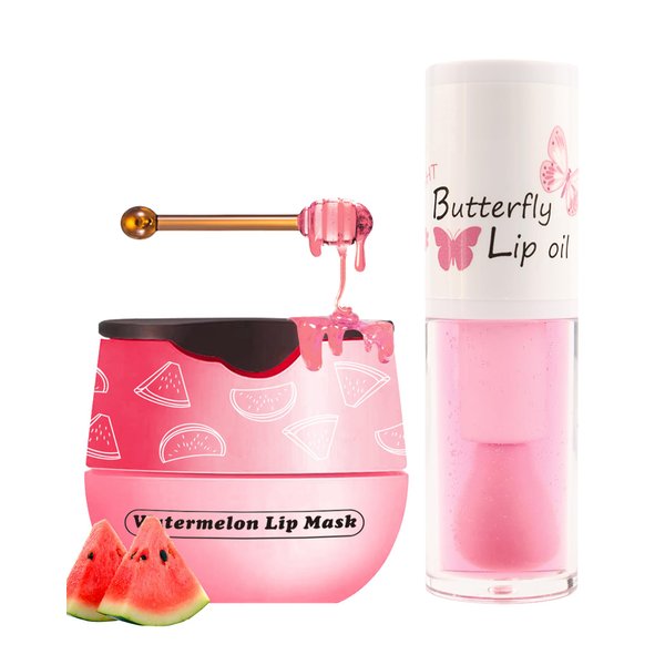 2Pcs Watermelon Lip Balm Honey Pot Lip Mask & Lip Glowy Oil Lip Care Set, Propolis Moisturizing & Nourish Hydrating Lip Gloss Repair, Reduce Lip Line & Plump Dry Cracked Lip Scrub Exfoliator -Set C