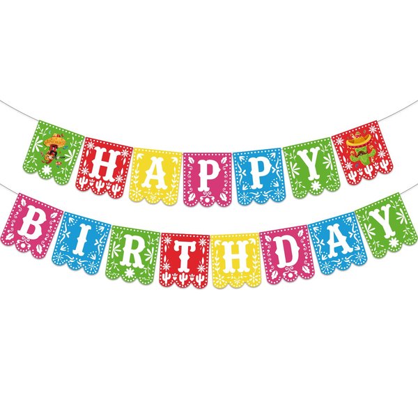 Pre-strung Mexican Happy Birthday Banner, Mexican Theme Party Decor, Cinco de Mayo Happy Birthday Banner, Taco Birthday Party Decorations Banner for Mexican Carnival Fiesta Birthday Party