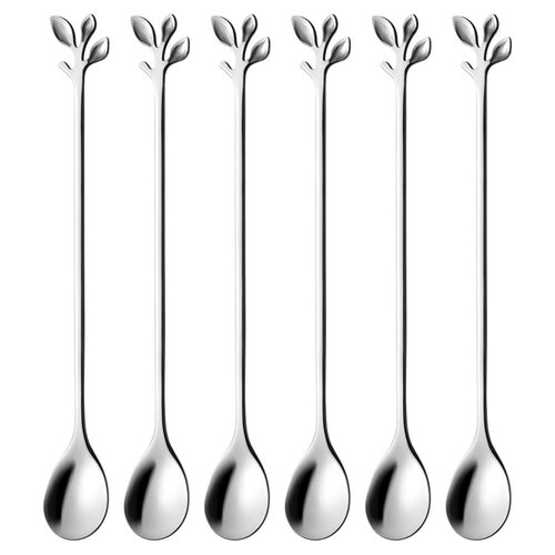 AnSaw Long Handle 7.4-Inch Leaf Teaspoons set, 6 Pcs Silver Stainless Steel Coffee stirring spoon