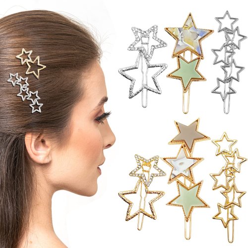6 Pcs Star Hair Clips Pins, Elegant Rhinestone Vintage Cluster Star Metal Hair Pin, Non-Slip Hollow Solid Hair Barrettes, Make Up Headpieces for Women and Girls, Gold & Silver