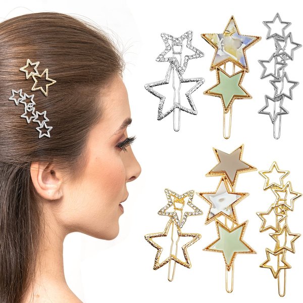 6 Pcs Star Hair Clips Pins, Elegant Rhinestone Vintage Cluster Star Metal Hair Pin, Non-Slip Hollow Solid Hair Barrettes, Make Up Headpieces for Women and Girls, Gold & Silver