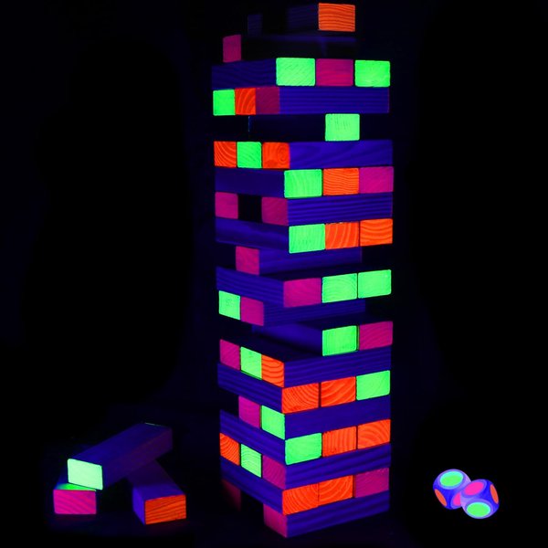 54 Piece Glow Tumble Tower Board Games, Glow in The Blacklight Tumble Tower, Indoor/Outdoor Board Game for Kids and Adults for Family Game Night